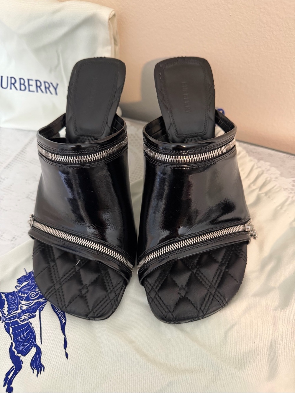 Burberry Prorsum Black Patent Zip Mule Heels w Dust Bags